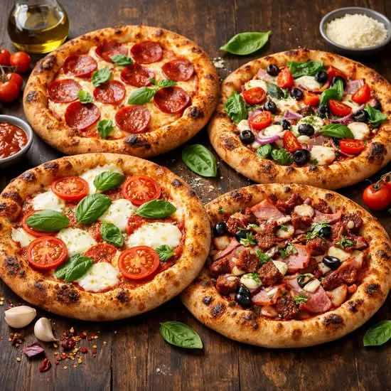 Quatre pizzas d’Anas Pizza Original, dont une margherita et une pizza aux légumes